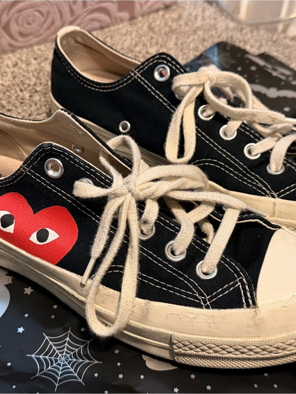 Converse Black Canvas Kids Low-Top Sneakers with Red Heart